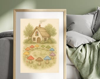 Cottagecore Pilz-Haus Kunstdruck - Original Pastell Wanddeko (Digitaler Download)