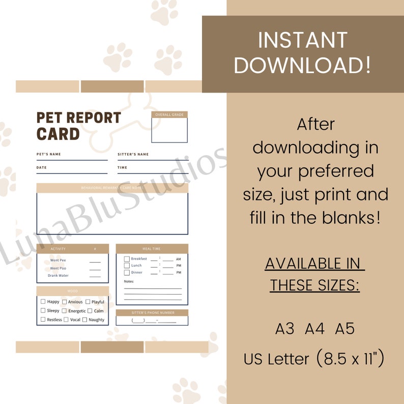 Pet Report Card Printable for Dog and Cat Sitters/ Boarders Leave