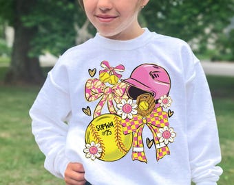 Softball Bow Sweatshirt, Girls Softball Coquette Sweater, Personalized Game Day Sweatshirt, Softball Player Christmas Gift