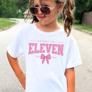 Pink Bow 11th Birthday Shirt, Coquette Girls Birthday Party Tee, 11 Year Old Birthday Gift, Year Est., Eleventh B-Day Established 2014