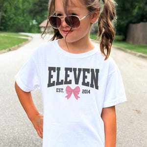 Coquette Bow Eleventh Birthday Shirt, University Style Girls Birthday Party Tee, 11 Year Old Birthday Gift, Year Est., 11th B-Day