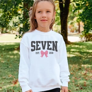 Coquette Bow 7th Birthday Sweatshirt, Seventh University Girls Birthday Party Sweatshirt, Seven Year Old Bday Gift, Year Est.