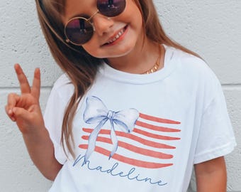 Personalized Name American Flag Bow Shirt, Custom Name 4th of July Toddler Girls Shirt, Patriotic Coquette Bow Shirt, 4th of July Tee