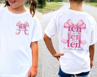 Chemise personnalisée 10e anniversaire à deux chiffres, chemise coquette noeud dixième anniversaire, t-shirt personnalisé fête d'anniversaire fille, cadeau d'anniversaire 10 ans