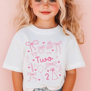 2nd Birthday Coquette Bow Shirt, Trendy Hand Drawn Style Girls Birthday Party Tee, 2 Year Old Birthday Gift
