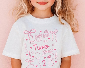 2nd Birthday Coquette Bow Shirt, Trendy Hand Drawn Style Girls Birthday Party Tee, 2 Year Old Birthday Gift