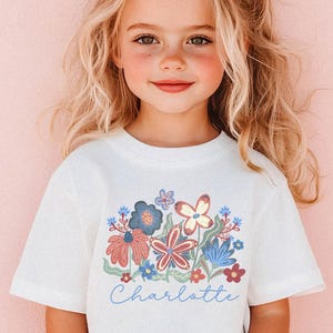 4th of July Personalized Name Flower Shirt, Fourth of July Kids Tee, Red White Blue Flowers Grandmillenial Coquette Memorial Day TShirt