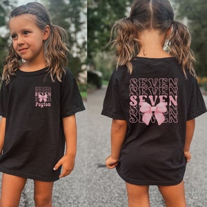 Personalized 7th Birthday Shirt, Coquette Bow Seventh Birthday Shirt, Custom Girls Birthday Party Tee, Retro 7 Year Old Birthday Gift