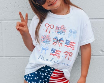 4th of July Girls Coquette Bow Shirt, Custom Name Toddler Girls Shirt, Patriotic Coquette Bow Shirt, Personalized 4th of July Tee