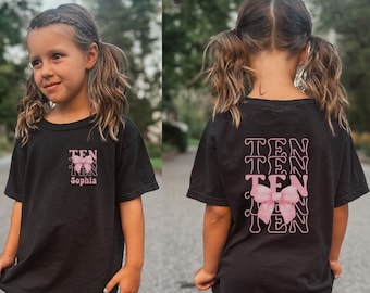Chemise personnalisée 10e anniversaire, chemise 10e anniversaire noeud coquette, cadeau d'anniversaire à deux chiffres, t-shirt personnalisé fête d'anniversaire filles