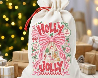 Personalized Holly Jolly Christmas Gift Sack with Charm Bows, Girl Sant Gift Sack