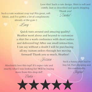 May include: Image features customer reviews on a product, with text overlayed on a gradient background. The reviews praise the product's quality, fit, and design. The reviews are from Lucy, Rachel, Jessica, Erika, and Ingrid. Five black stars are at the bottom.
