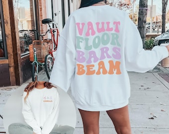 Personalized Name Gymnastics Vault Floor Bars Beam Sweatshirt, Custom Girls Gymnast Sweatshirt, Gift for Gymnast, Youth & Adult Sizes