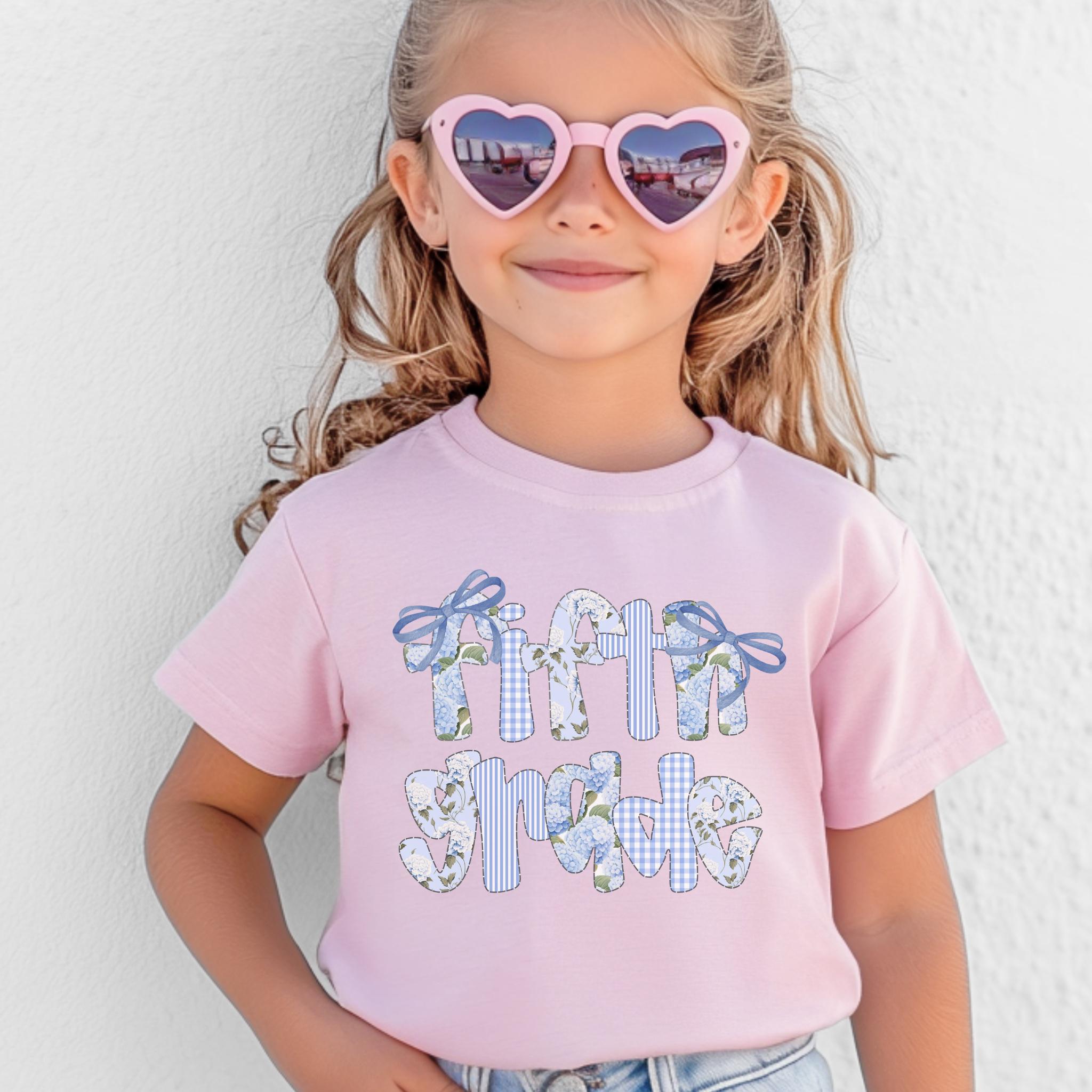 5th Grade Flower Coquette Bow Shirt, Floral Letters Fifth Grade Girl Kid Tee, Back to School Elementary Preppy Grandmillennial