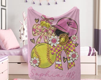 Girls Softball Blanket, Custom Name Coquette Preppy Bow Blanket