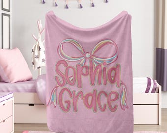Personalized Name Coquette Pink Bow Blanket, Custom Girl Gift, Girls Custom Name Preppy Bow Blanket