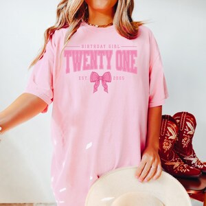 Pink Bow 21st Birthday Shirt, Coquette Girls Birthday Party Tee, 21 Year Old Birthday Gift, Year Est., Twenty First B-Day Established 2005 Blossom
