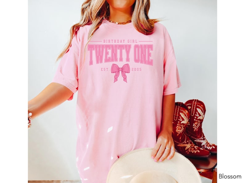 Pink Bow 21st Birthday Shirt, Coquette Girls Birthday Party Tee, 21 Year Old Birthday Gift, Year Est., Twenty First B-Day Established 2005 Blossom