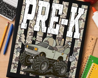 Pre-K Boy Back to School Striped Camo Shirt, Personalized First Day Pre-Kindergarten Elementary Boys Truck Shirt
