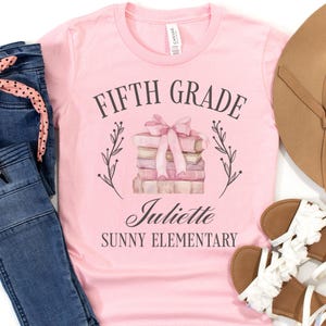 Personalized Name Book Lover Coquette Bow 5th Grade Shirt, Custom Girl First Day of School T-Shirt, Fifth Grade Back to School
