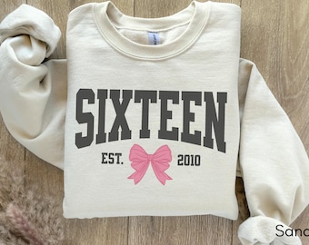 Coquette Bow Sixteenth Birthday Sweatshirt, Sweet 16 University Style Girls Birthday Party Hoodie, 16 Year Old Birthday Gift, Year Est.
