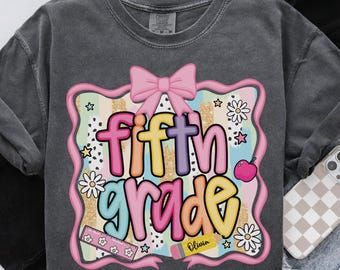 Preppy 5th Grade Shirt Back To School Shirt, Personalized Hello Fifth Grade Tee, Custom Girls 1st Day Of School T-Shirt, 5th Grade Teacher