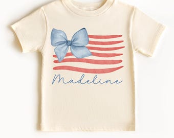 American Flag Bow Shirt, Custom Name 4th of July Toddler Girls Shirt, Patriotic Coquette Bow Shirt, Personalized 4th of July Tee