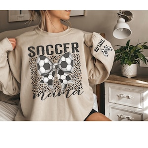 Custom Soccer Mama Sweatshirt, Personalized Coquette Bow Style Soccer Mom with Sleeve Design, Game Day Sweatshirt, Gift for Soccer Mom