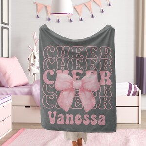 Personalized Name Cheer Bow Coquette Blanket, Custom Cheerleader Gift, Girls Custom Name Blanket, Cheer Competition Gift