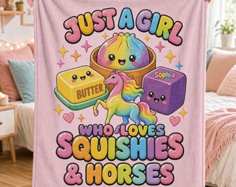 Squishy Horse Blanket, Just a Girl Who Loves Squishies and Horses, Personalized Name Horse Rider Gift