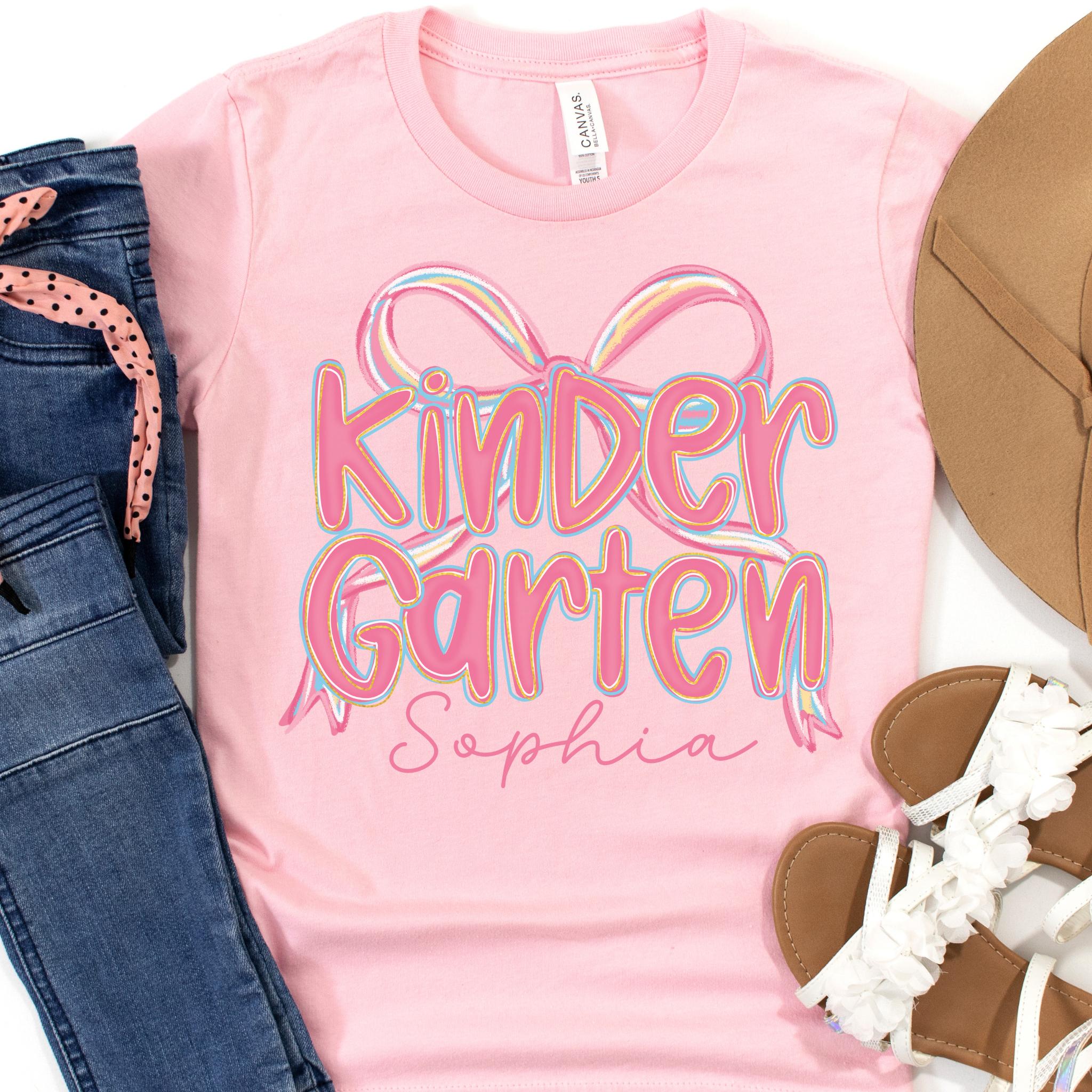 Custom Girl First Day of School Kindergarten Shirt, Personalized Name Brushstroke Kinder Pink Bow Tee, Coquette Elementary Back to School