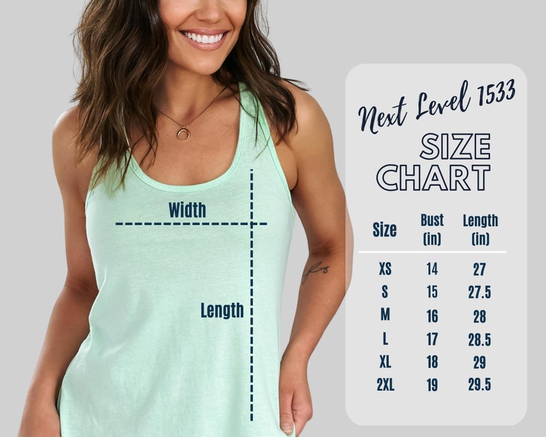 May include: A light green tank top with a racerback design. The image includes a size chart with bust and length measurements in inches for sizes XS to 2XL. The text "Next Level 1533" is also visible.