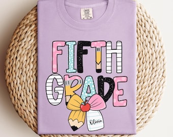 Custom 5th Grade Kids Notebook Bow Shirt, Personalized Fifth Grade Preppy Girls Coquette First Day of School Tee, Back to School Elementary