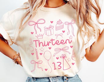 13th Birthday Coquette Bow Shirt, Trendy Hand Drawn Style Girls Birthday Party Tee, 13 Year Old Birthday Gift, 13th B-Day Official Teenager