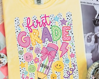 Personalized First Grader Stripes Shirt, Custom Striped Girls Back to School Tee, First Day 1st Grade