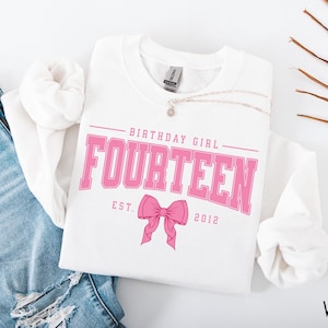 Moletom rosa com laço para aniversário de 14 anos, moletom com capuz para festa de aniversário de meninas, presente de aniversário de 14 anos, aniversário de 14 anos, fundado em 2012