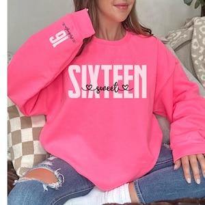 Personalized Name Sweet 16 Birthday Sweatshirt, Sixteenth Birthday Hoodie, Custom Sweet 16 Sweatshirt Sleeve, 16 Year Old Birthday Gift