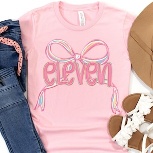 Preppy 11th Birthday Brush Stroke Coquette Bow Shirt, 11 Year Old Birthday Gift, Eleven Birthday Party T-Shirt