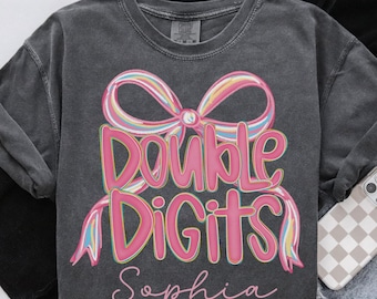 Chemise d'anniversaire personnalisée à deux chiffres, fête d'anniversaire coquette avec noeud pour fille, cadeau d'anniversaire 10 ans, t-shirt 10e anniversaire, dixième anniversaire