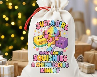 Squishy Cheerleader Gift Sack, Just a Girl Who Loves Squishies and Cheerleading, Kids Name Squishy Trendy Kids Cheer Gift