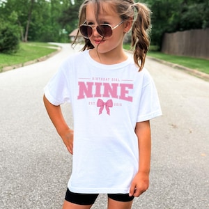 Pink Bow 9th Birthday Shirt, Coquette Girls Birthday Party Tee, 9 Year Old Birthday Gift, Year Est., Ninth B-Day Established 2016