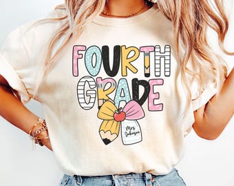 Custom 4th Grade Teacher Notebook Bow Shirt, Personalized Fourth Grade Preppy Coquette First Day of School Tee, Back to School Elementary