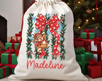 Personalized Reindeer Stripes Christmas Sack for Girls, Custom Name Reindeer Santa Bag, Reindeer Christmas Gift Bag, Girl Xmas Present