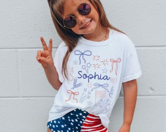 4th of July Girls Coquette Bow Trendy Hand Drawn Style Shirt, Custom Name Girls Shirt, Personalized Patriotic Coquette Bow, 4th of July