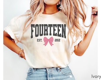 Coquette Bow Fourteenth Birthday Shirt, University Style Girls Birthday Party Tee, 14 Year Old Birthday Gift, Year Est., 14th B-Day