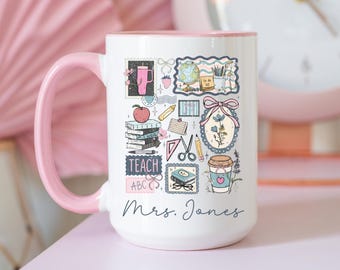 Caneca com Colagem da Vida de Professora, Caneca de Café com Carimbo de Professora, Caneca de Scrapbook para Bibliotecária, Estilo Vovó, Presente de Apreciação para Professores e Professoras com Estilo Cottagecore
