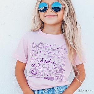 Personalized Girls Ghost Name Shirt, Custom Trendy Hand Drawn Line Doodle Style Girls Halloween Tee, Kids Cute Coquette Bow Ghost Shirt