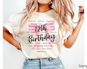 Custom 12th Birthday Shirt Trendy Words Design, Personalized Name 12th Birthday Gift, 2013 Birth Year Tee, Official Pre-Teen, Coquette Bow