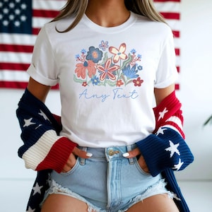 4th of July Personalized Flower Shirt, Fourth of July Tee, Red White Blue Flowers Grandmillenial Coquette Memorial Day TShirt