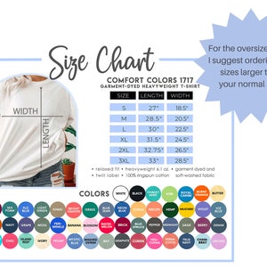 K&ouml;nnte beinhalten: Gr&ouml;&szlig;entabelle f&uuml;r ein garment-gef&auml;rbtes, schweres T-Shirt mit Ma&szlig;en in Zoll. Die Tabelle zeigt die L&auml;nge und Breite des Shirts in den Gr&ouml;&szlig;en S bis 3XL. Die Tabelle enth&auml;lt auch eine Farbtabelle mit verschiedenen Farben f&uuml;r das T-Shirt.